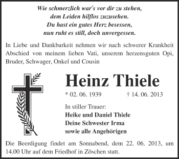 Traueranzeige von Heinz Thiele von Super Sonntag Merseburg
