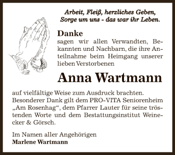 Traueranzeige von Anna Wartmann von Super Sonntag Bernburg