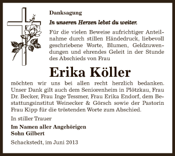 Traueranzeige von Erika Köller von Super Sonntag Bernburg