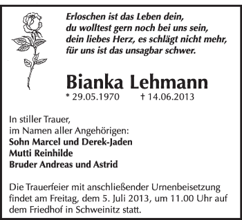 Traueranzeige von Bianka Lehmann von WVG - Wochenspiegel Wittenberg