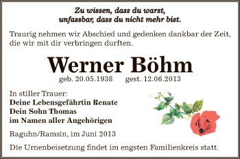 Traueranzeige von Werner Böhm von WVG - Wochenspiegel Bitterfeld