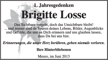 Traueranzeige von Brigitte Losse von Super Sonntag Wittenberg
