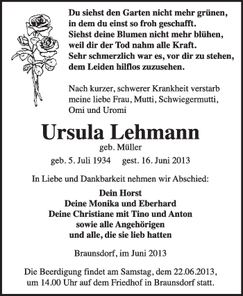 Traueranzeige von Ursula Lehmann von WVG - Wochenspiegel Wittenberg