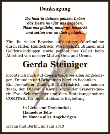 Traueranzeige von Gerda Steiniger von Super Sonntag Zeitz
