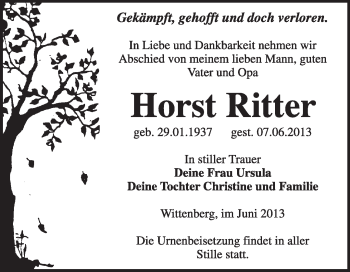 Traueranzeige von Horst Ritter von WVG - Wochenspiegel Wittenberg
