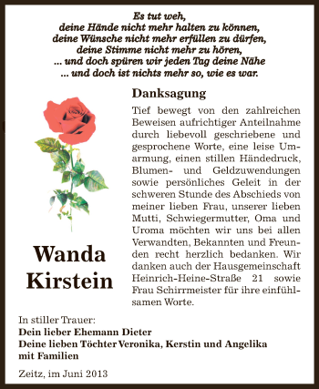 Traueranzeige von Wanda Kirstein von Super Sonntag Zeitz