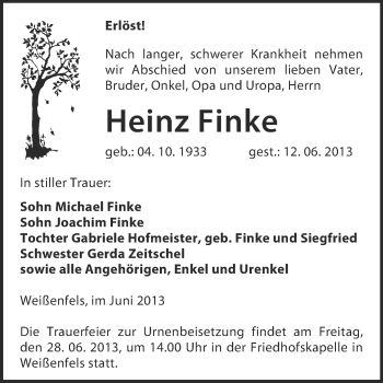 Traueranzeige von Heinz Finke von WVG - Wochenspiegel NMB / WSF / ZTZ