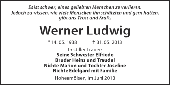 Traueranzeige von Werner Ludwig von WVG - Wochenspiegel NMB / WSF / ZTZ