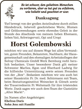 Traueranzeige von Horst Golembowski von Super Sonntag Bernburg