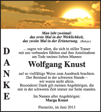 Traueranzeige von Wolfgang Knust von Super Sonntag Wittenberg