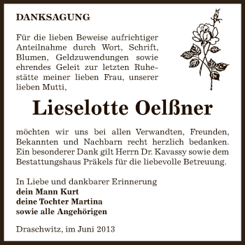 Traueranzeige von Lieselotte Oelßner von Super Sonntag Zeitz