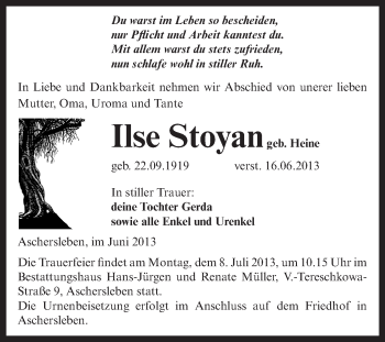 Traueranzeige von Ilse Stoyan von Super Sonntag Aschersleben