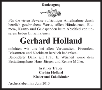 Traueranzeige von Gerhard Holland von Super Sonntag Aschersleben