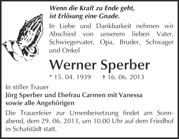 Traueranzeige von Werner Sperber von Super Sonntag Merseburg