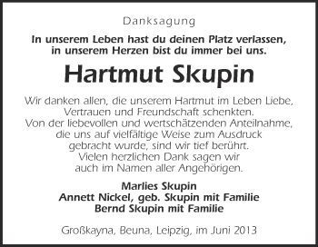 Traueranzeige von Hartmut Skupin von Super Sonntag Merseburg