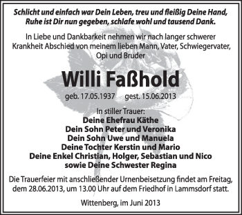 Traueranzeige von Willi Faßhold von Super Sonntag Wittenberg
