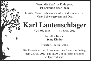 Traueranzeige von Karl Lautenschläger von WVG - Wochenspiegel NMB / WSF / ZTZ