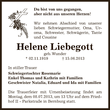 Traueranzeige von Helene Liebegott von Super Sonntag Bernburg