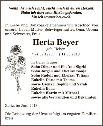 Traueranzeige von Herta Beyer von Super Sonntag Zeitz