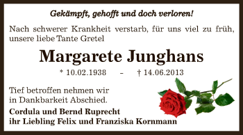 Traueranzeige von Margarete Junghans von Super Sonntag Zeitz