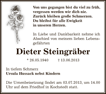 Traueranzeige von Dieter Steingräber von WVG - Wochenspiegel Dessau / Köthen