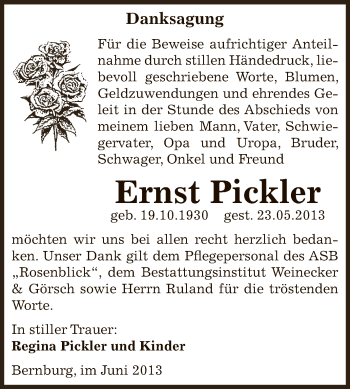 Traueranzeige von Ernst Pickler von Super Sonntag Bernburg
