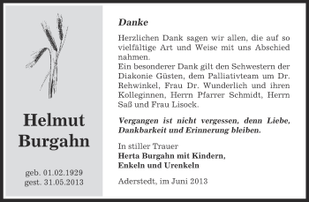 Traueranzeige von Helmut Burgahn von Super Sonntag Bernburg