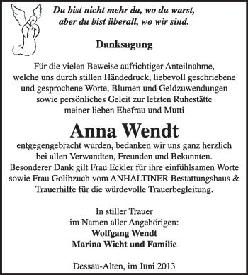 Traueranzeige von Anna Wendt von Super Sonntag Dessau / Köthen