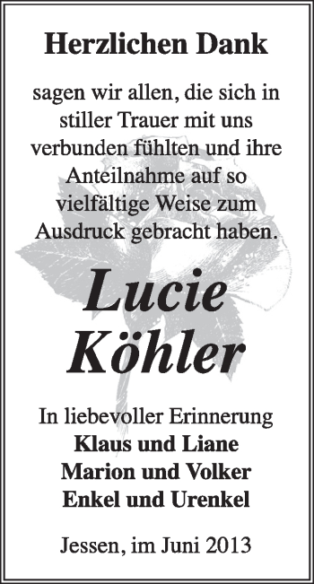 Traueranzeige von Lucie Köhler von Super Sonntag Wittenberg