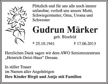 Traueranzeige von Gudrun Märker von Super Sonntag Dessau / Köthen