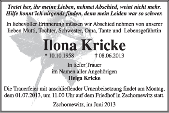 Traueranzeige von Ilona Kricke von Super Sonntag Wittenberg