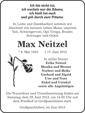 Traueranzeige von Max Neitzel von WVG - Wochenspiegel Dessau / Köthen