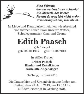 Traueranzeige von Edith Paasch von WVG - Wochenspiegel Dessau / Köthen
