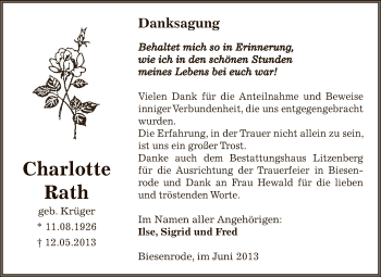 Traueranzeige von Charlotte Rath von Wochenspiegel Mansfelder Land