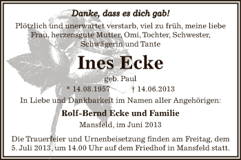 Traueranzeige von Ines Ecke von Wochenspiegel Mansfelder Land