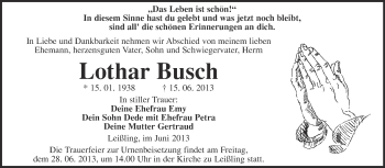 Traueranzeige von Lothar Busch von Super Sonntag Merseburg