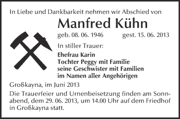 Traueranzeige von Manfred Kühn von WVG - Wochenspiegel Merseburg
