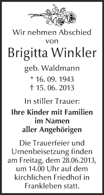 Traueranzeige von Brigitta Winkler von WVG - Wochenspiegel Merseburg