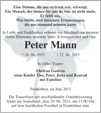 Traueranzeige von Peter Mann von WVG - Wochenspiegel Merseburg