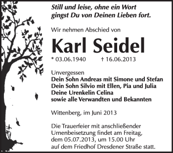 Traueranzeige von Karl Seidel von WVG - Wochenspiegel Wittenberg