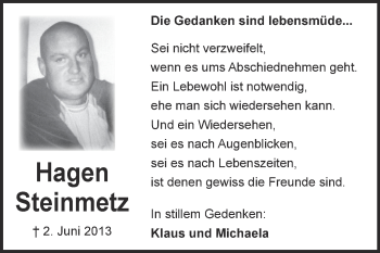 Traueranzeige von Hagen Steinmetz von Super Sonntag Quedlinburg