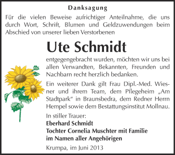 Traueranzeige von Ute Schmidt von WVG - Wochenspiegel Merseburg