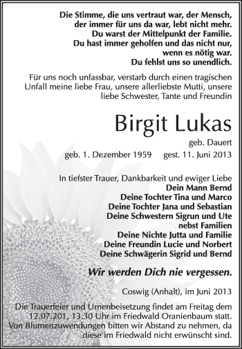 Traueranzeige von Birgit Lukas von Super Sonntag Wittenberg