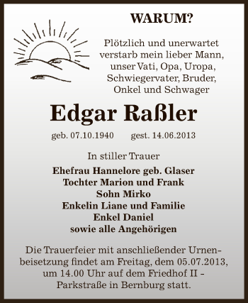 Traueranzeige von Edgar Raßler von Super Sonntag Bernburg
