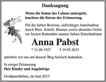 Traueranzeige von Anna Pabst von Super Sonntag Dessau / Köthen