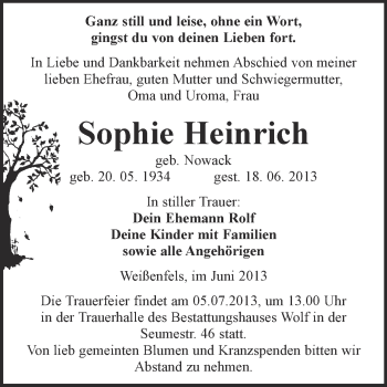 Traueranzeige von Sophie Heinrich von WVG - Wochenspiegel NMB / WSF / ZTZ