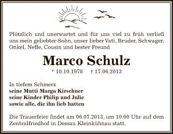 Traueranzeige von Marco Schulz von WVG - Wochenspiegel Dessau / Köthen
