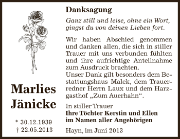 Traueranzeige von Marlies Jänicke von Super Sonntag SGH Mansf. Land