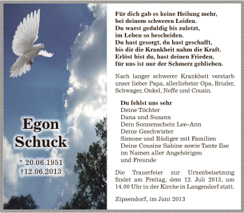 Traueranzeige von Egon Schuck von Super Sonntag Zeitz
