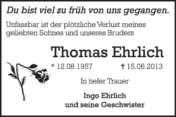 Traueranzeige von Thomas Ehrlich von Super Sonntag Dessau / Köthen